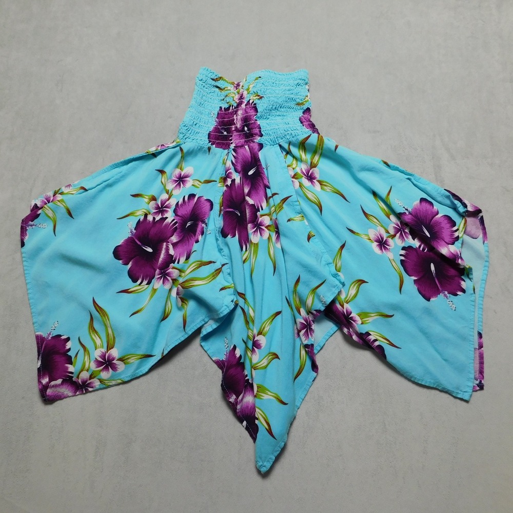 Girls 2 Turquoise Purple Floral Smocked Handkerchief Hem‎ Tropical Halter Dress